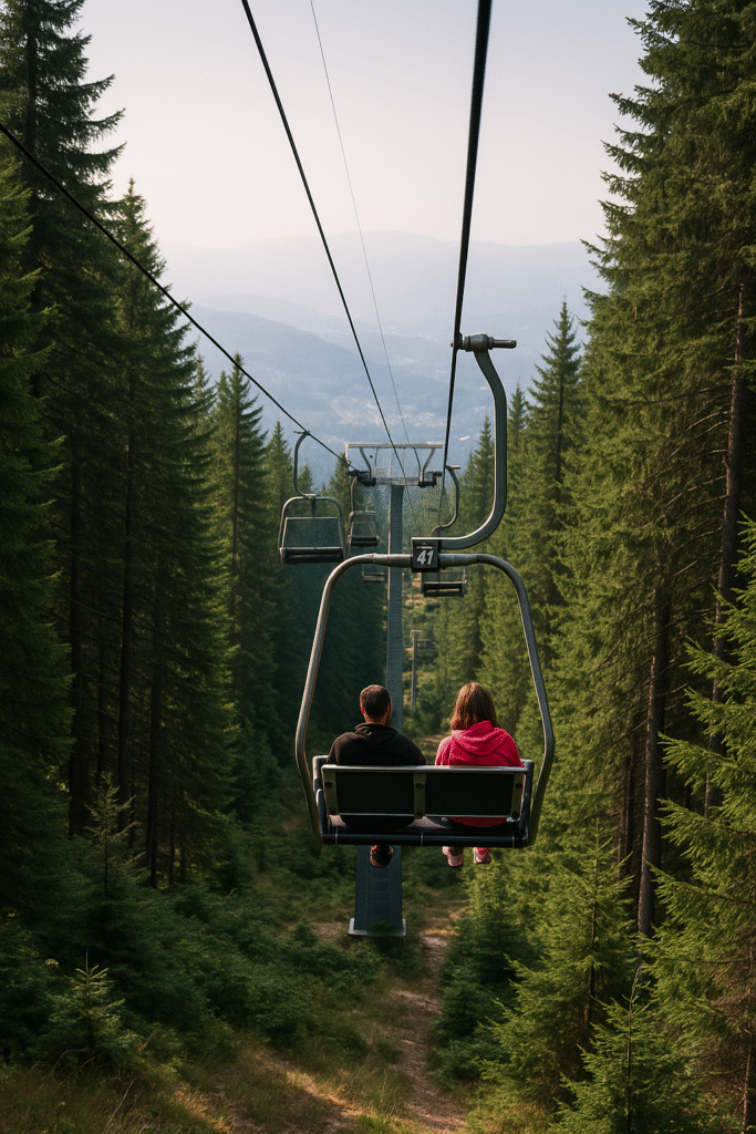 Драгалевският лифт носи духа на по-старите планинарски времена – бавен, открит, почти романтичен. 